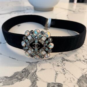 Chanel CC Black Velvet jeweled buckle belt